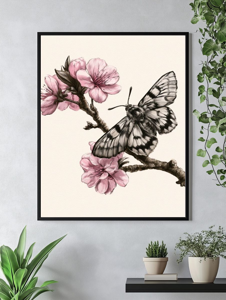 Cherry Blossom Butterfly Illustration Poster. — room view 4