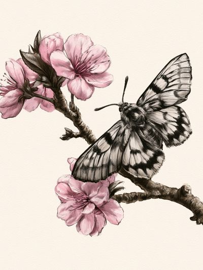 Cherry Blossom Butterfly Illustration Poster. poster