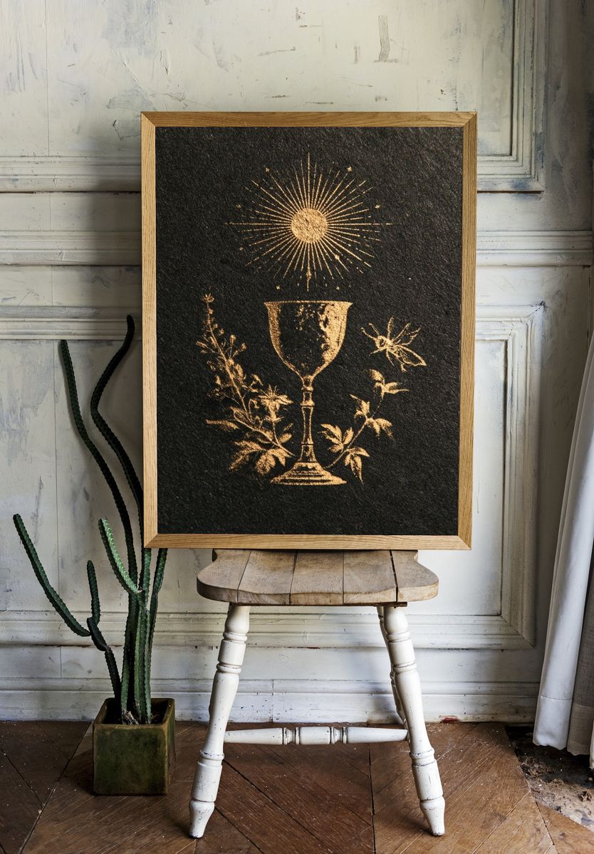 Golden Chalice Botanical Print. room preview