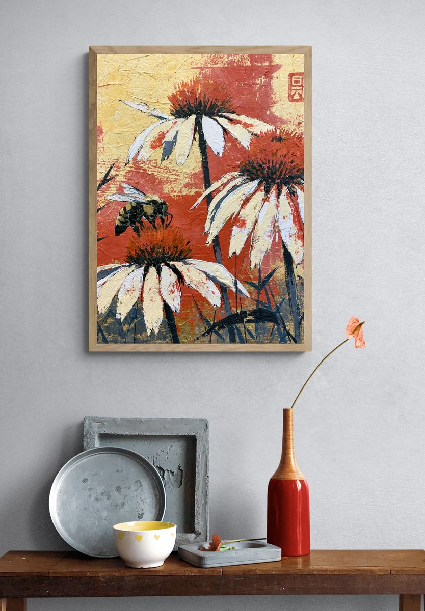 White Coneflowers Botanical Print. — room view 3