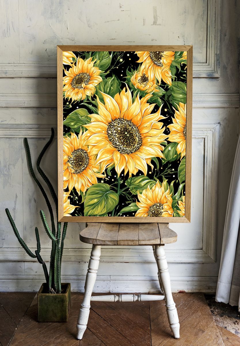 Sunflower Bloom Botanical Print. room preview
