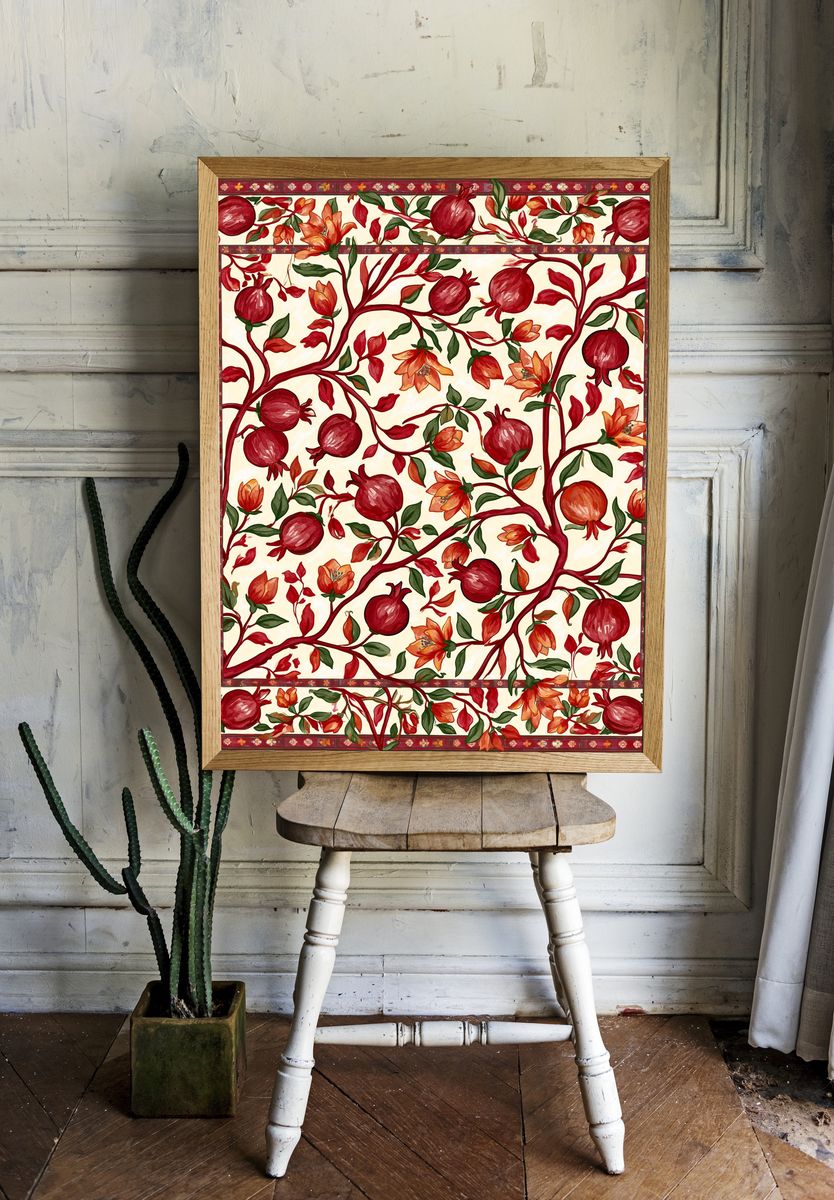 Pomegranate Vine Botanical Print. room preview