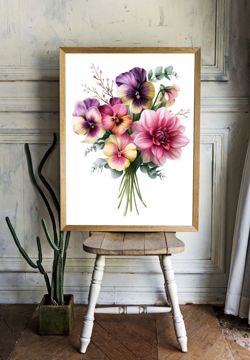 Pansy Bouquet Botanical Print. room preview