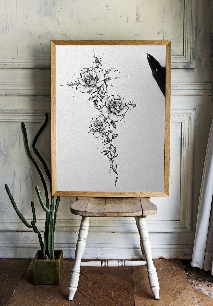 Rose Vine Line Art Poster. room preview