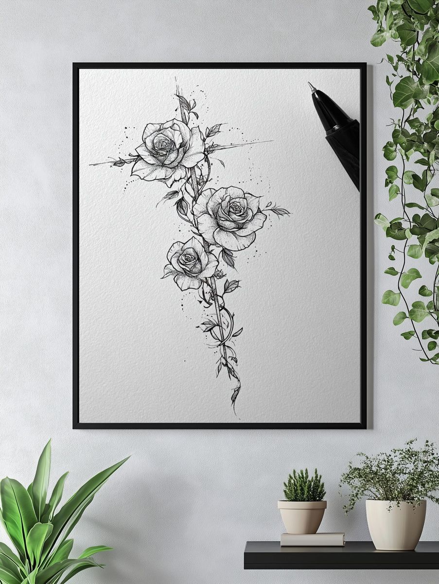 Rose Vine Line Art Poster. — room view 4