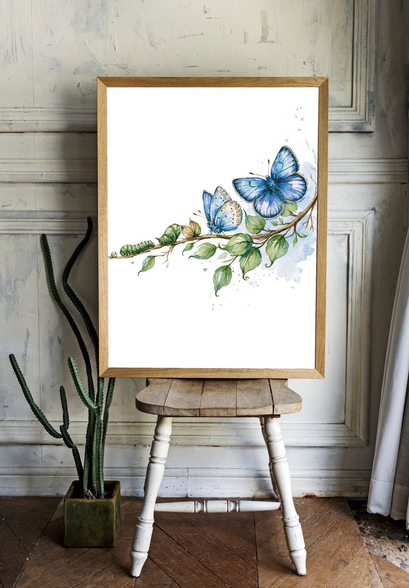 Blue Butterfly Branch Watercolor Print. room preview