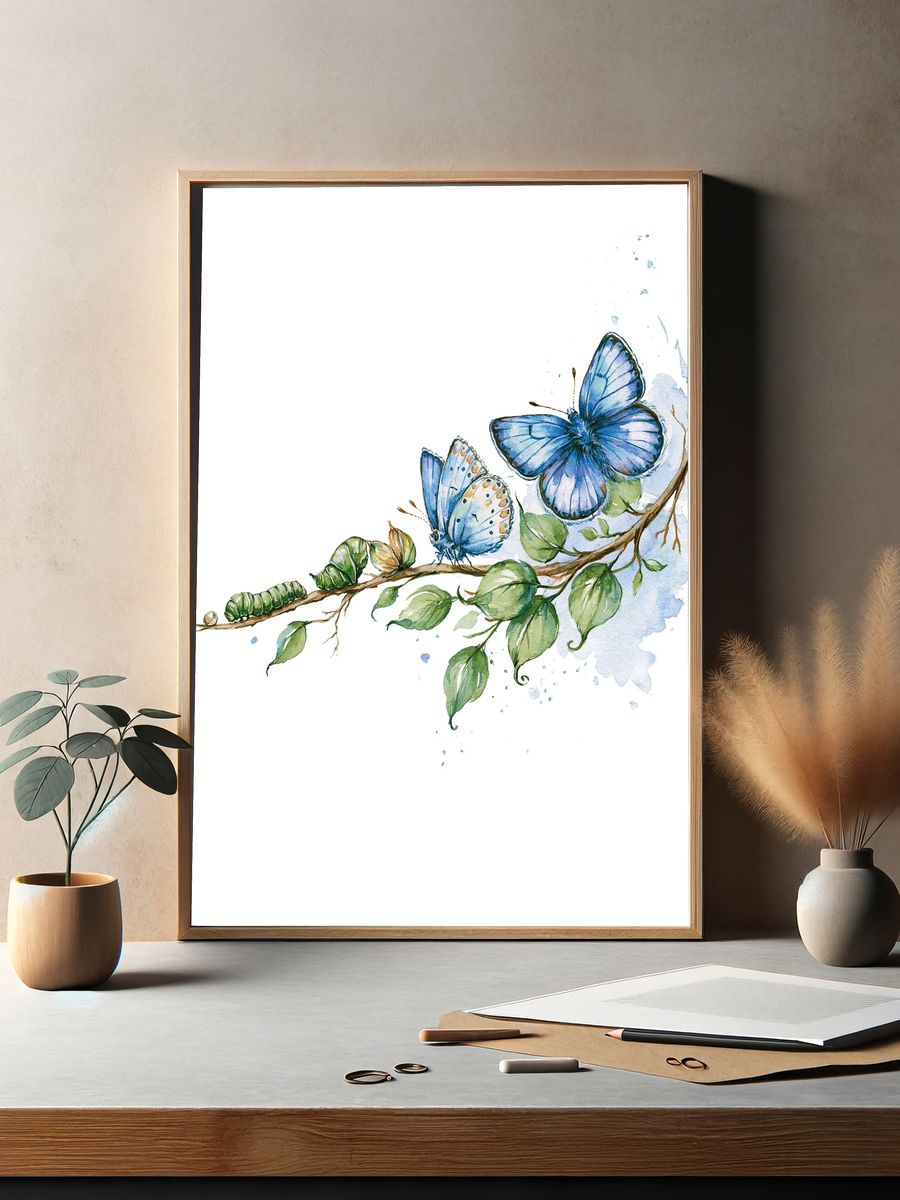 Blue Butterfly Branch Watercolor Print. — room view 2