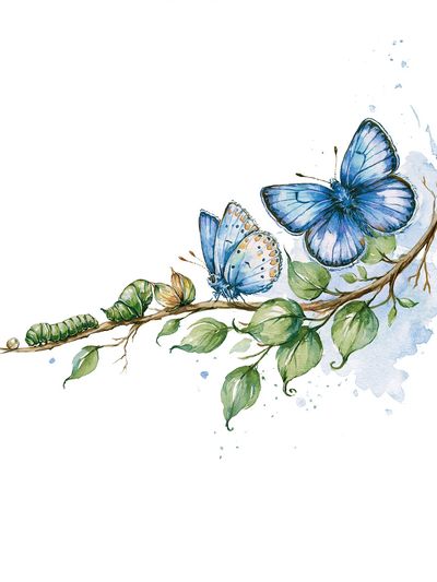 Blue Butterfly Branch Watercolor Print. poster