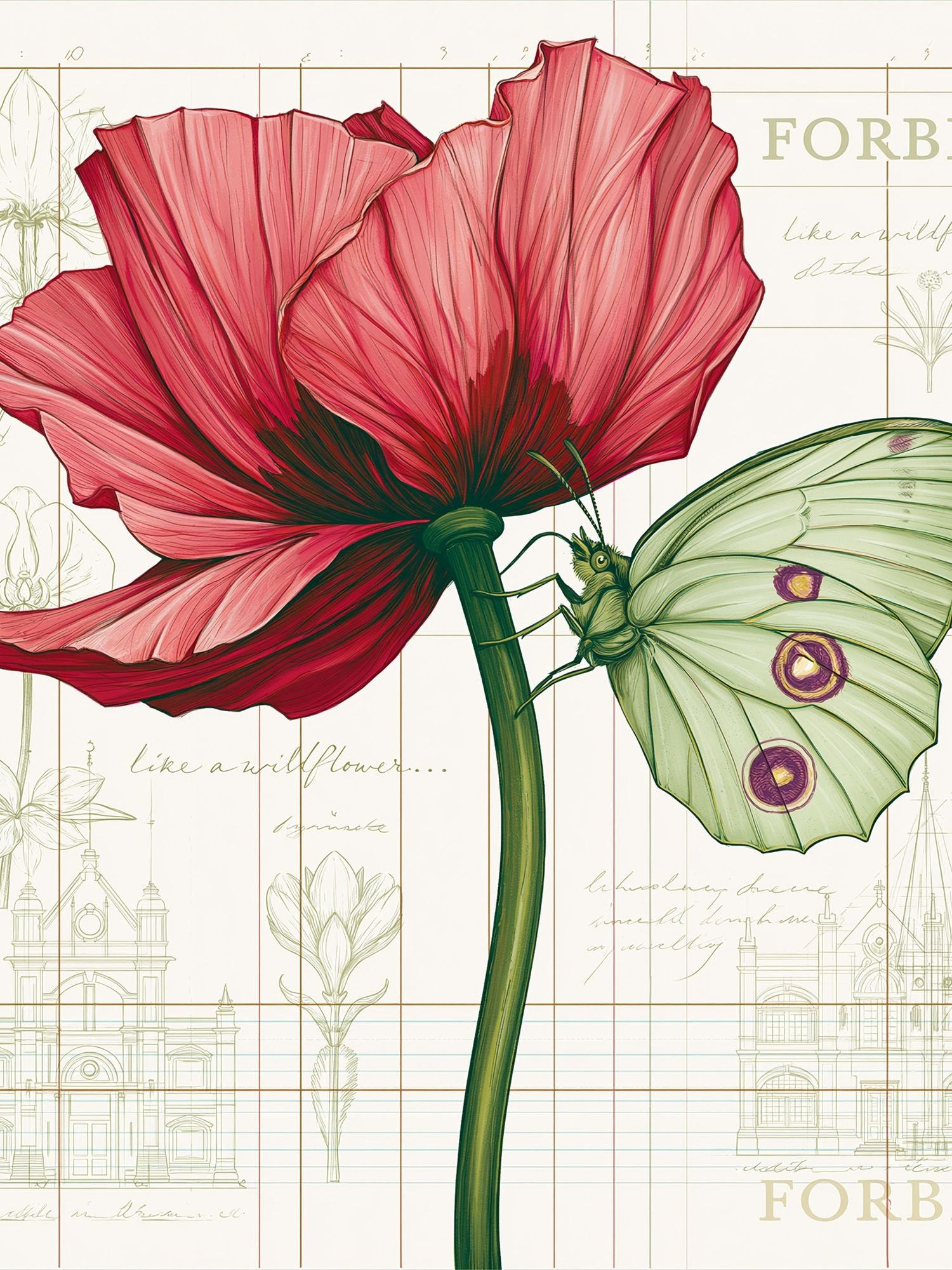 Pink Poppy and Moth Botanical Print. poster detail