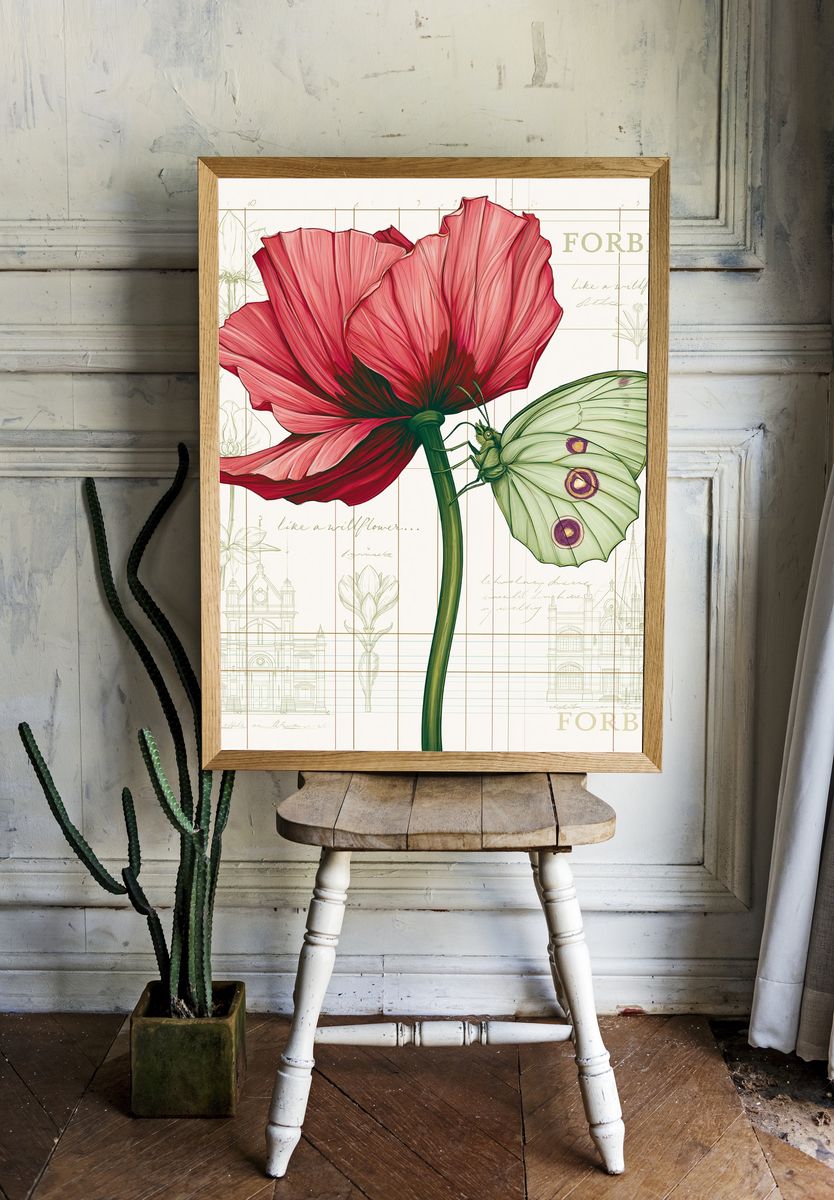 Pink Poppy and Moth Botanical Print. room preview