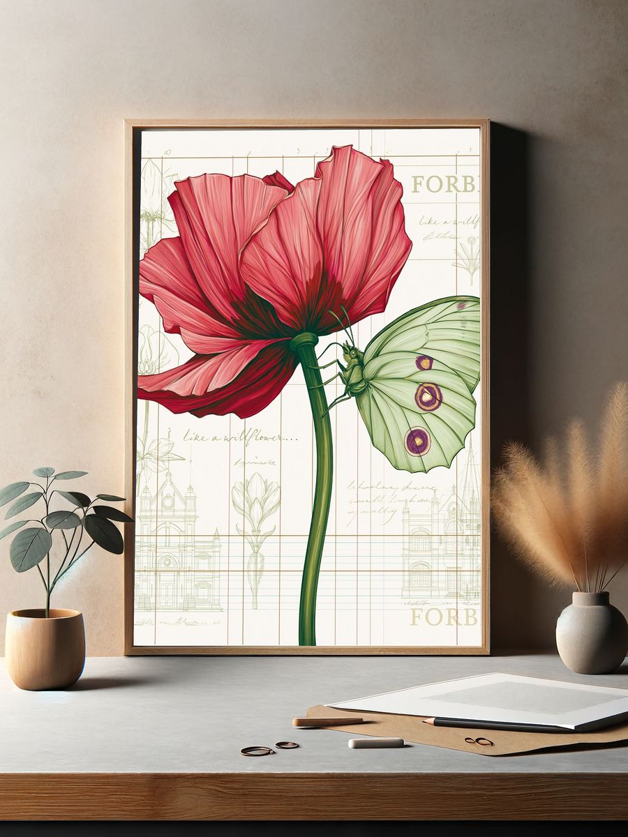 Pink Poppy and Moth Botanical Print. — room view 2