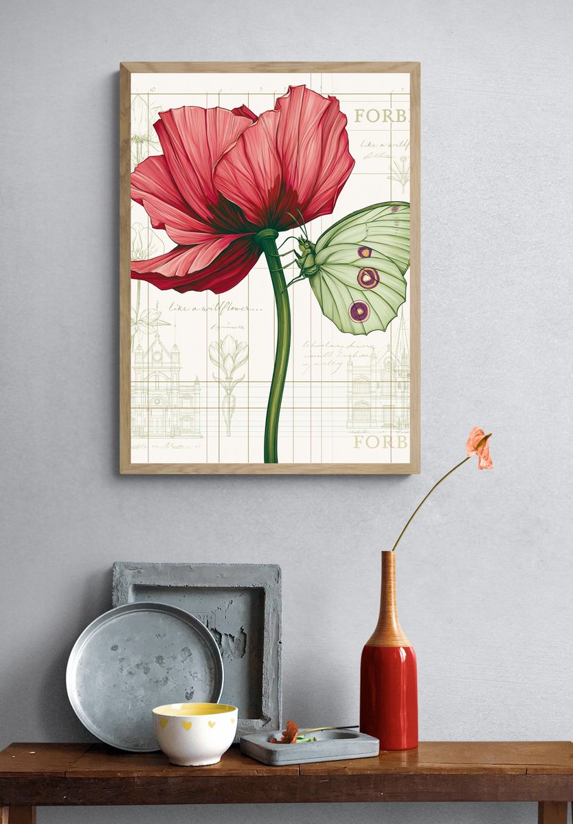 Pink Poppy and Moth Botanical Print. — room view 3