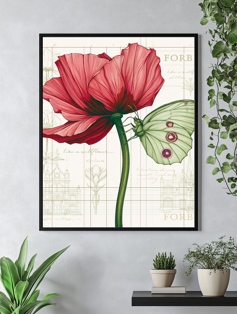 Pink Poppy and Moth Botanical Print. — room view 4
