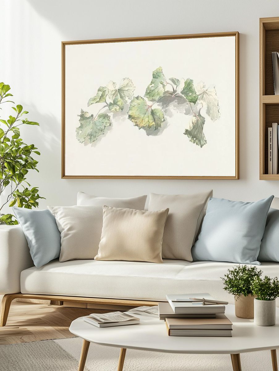 Soft Green Leaves Watercolor Print. — room view 2