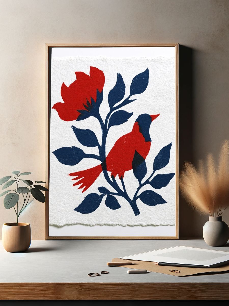 Red Floral Silhouette Illustration Poster. — room view 2