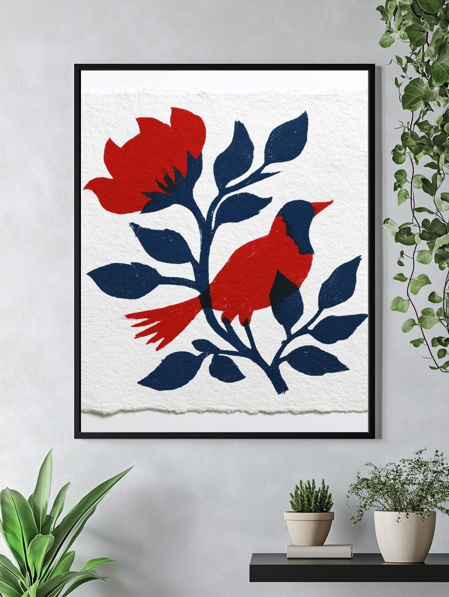 Red Floral Silhouette Illustration Poster. — room view 4