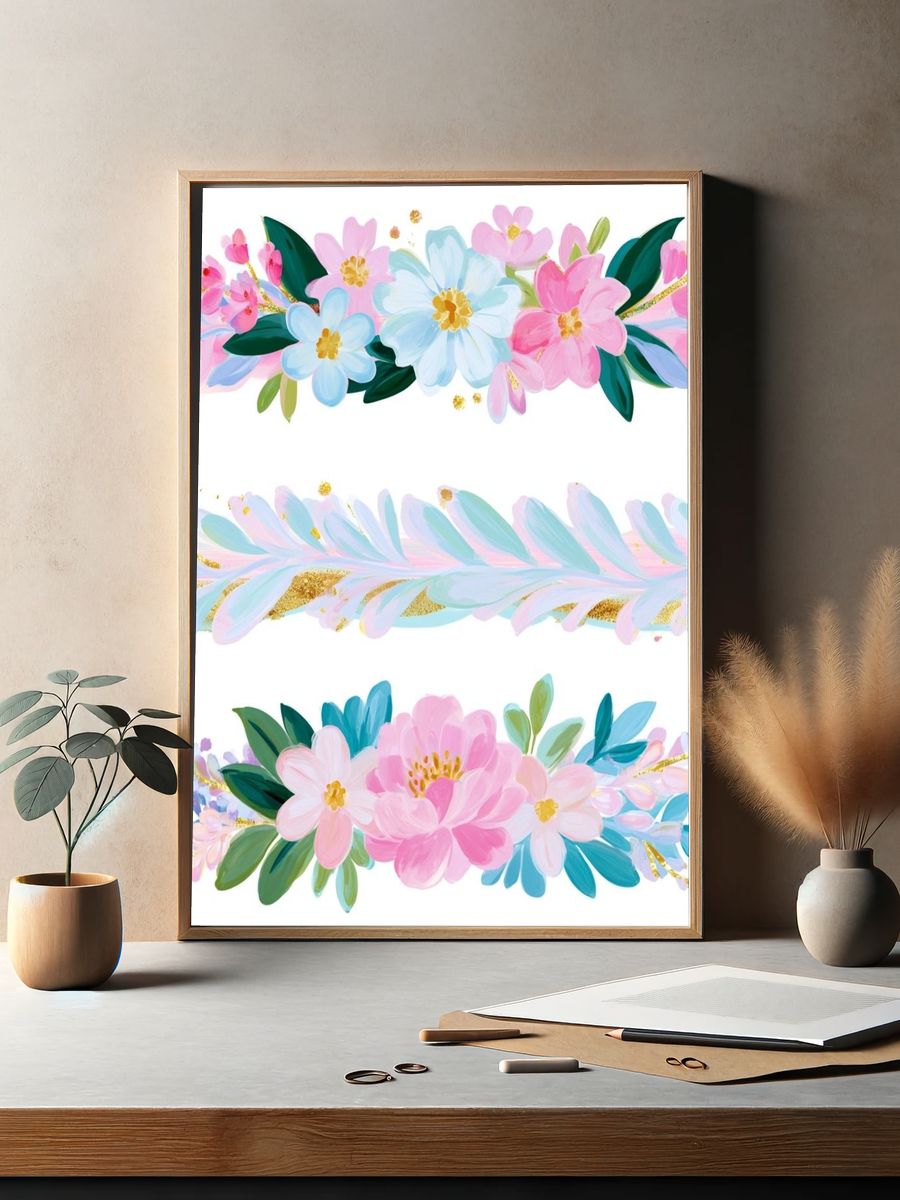 Pastel Floral Garland Illustration Poster. — room view 2