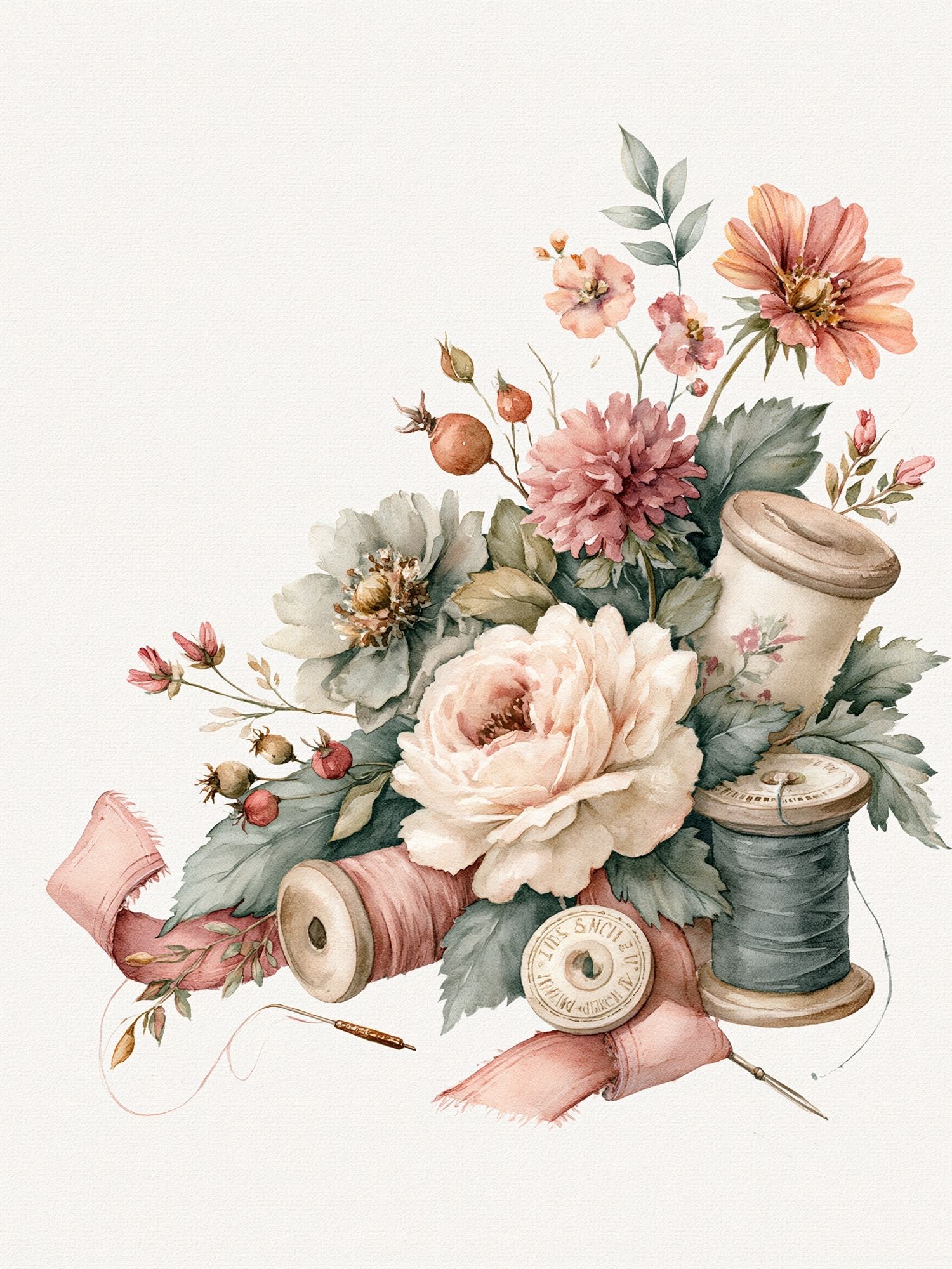 Floral Sewing Still Life Watercolor Print. poster detail