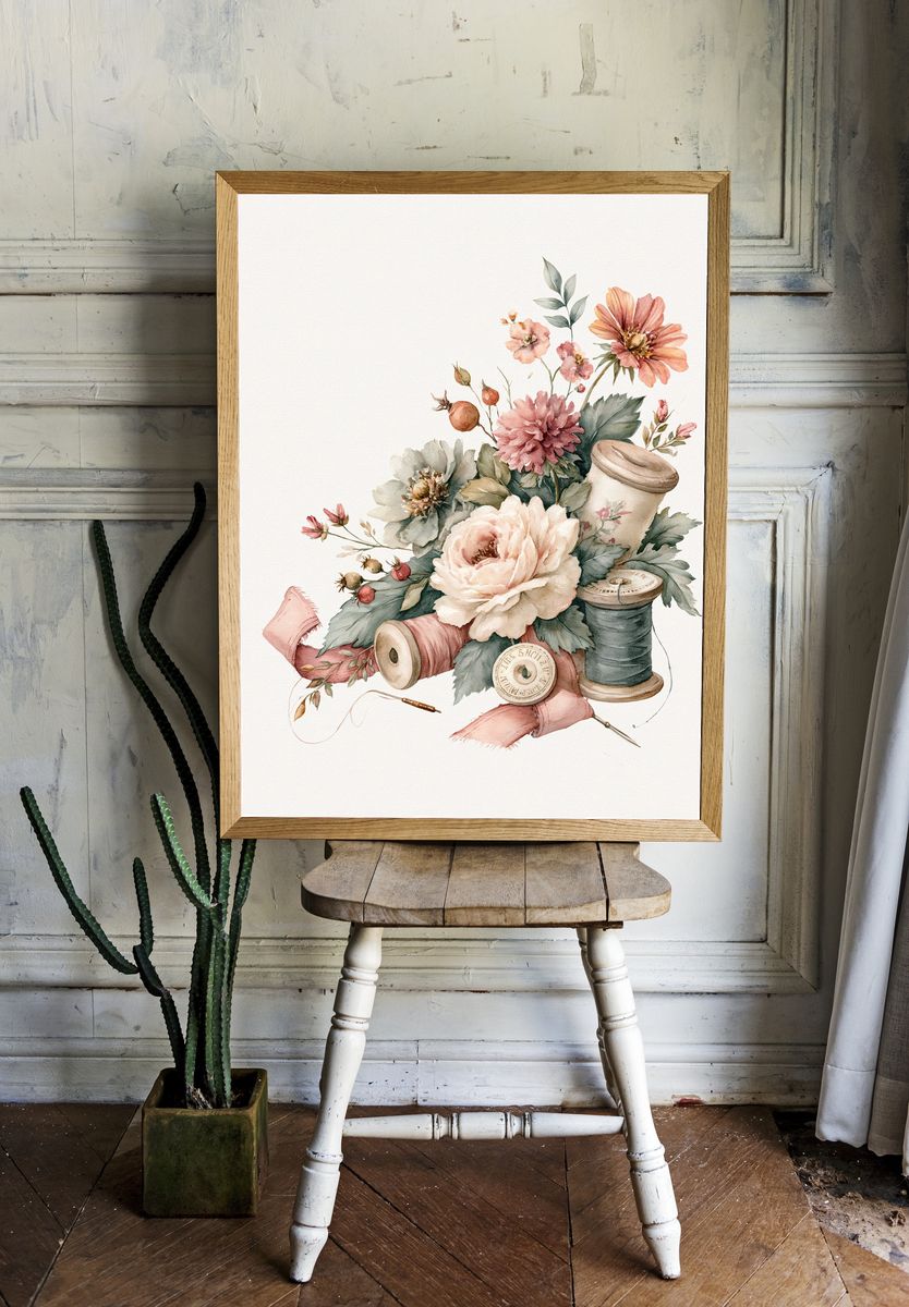 Floral Sewing Still Life Watercolor Print. room preview