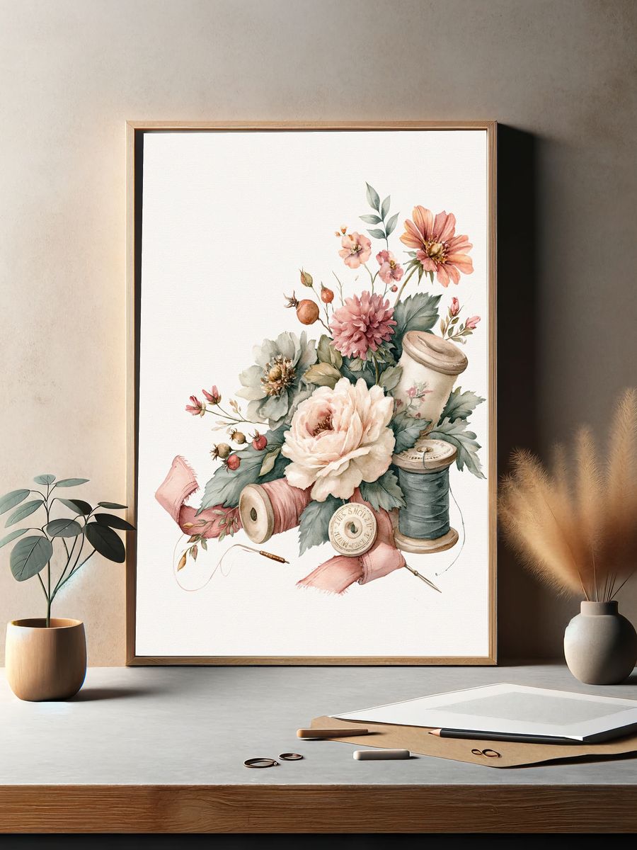 Floral Sewing Still Life Watercolor Print. — room view 2