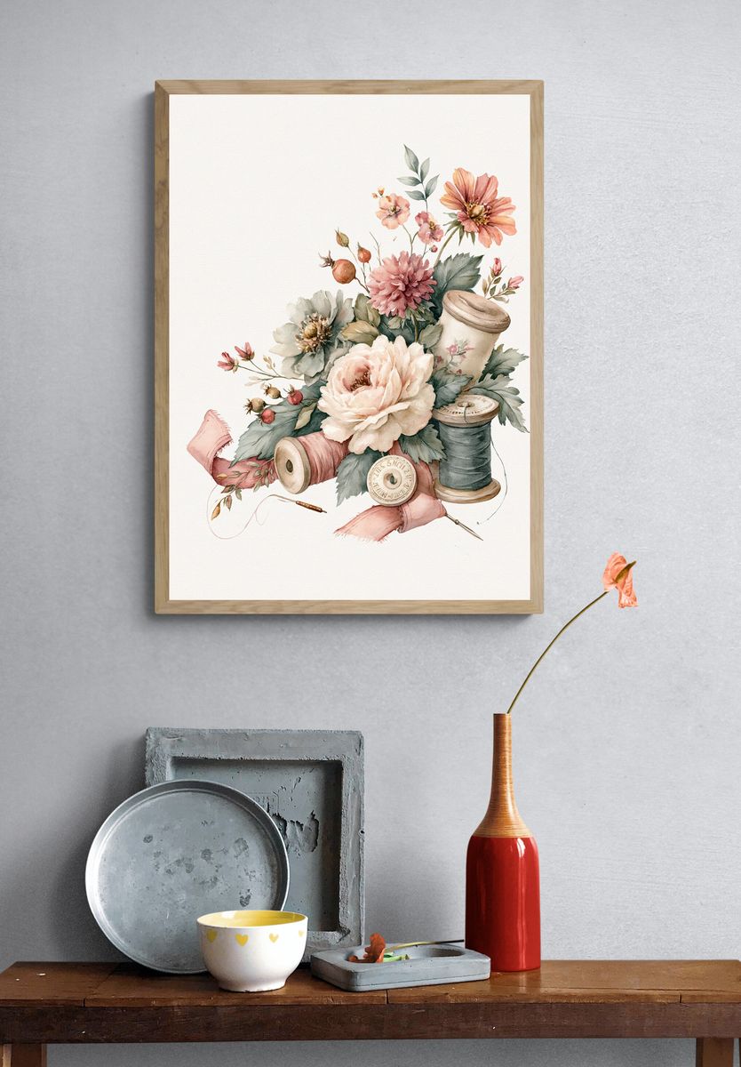 Floral Sewing Still Life Watercolor Print. — room view 3