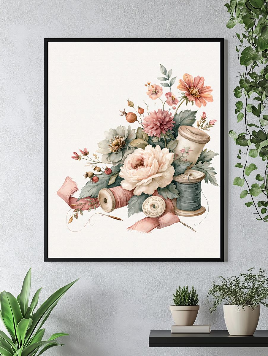 Floral Sewing Still Life Watercolor Print. — room view 4