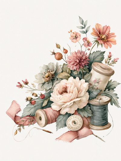 Floral Sewing Still Life Watercolor Print.