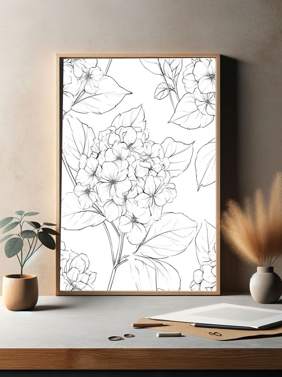 Hydrangea Bloom Line Art Poster. — room view 2