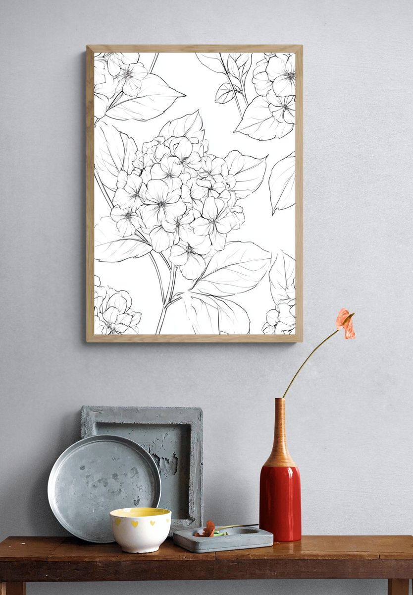 Hydrangea Bloom Line Art Poster. — room view 3