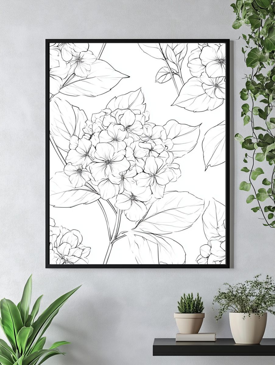 Hydrangea Bloom Line Art Poster. — room view 4