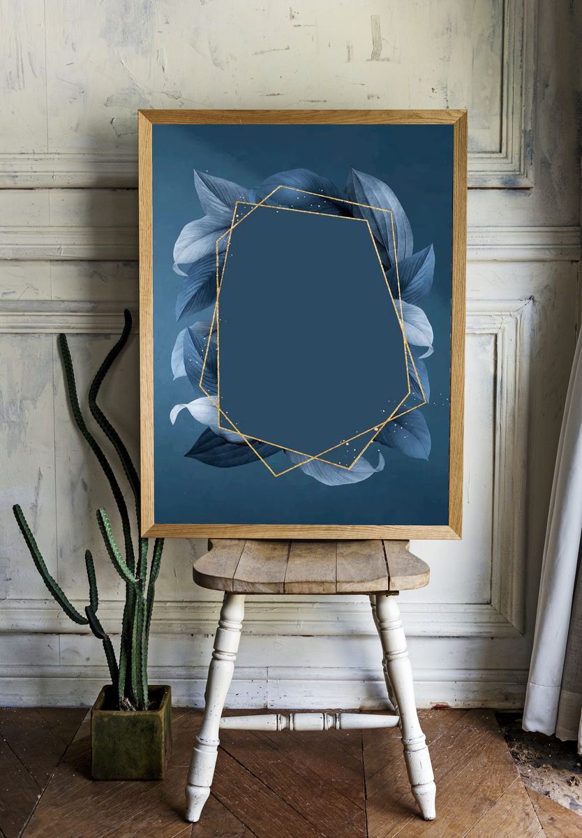 Hexagon foliage frame blue background. — room view 1