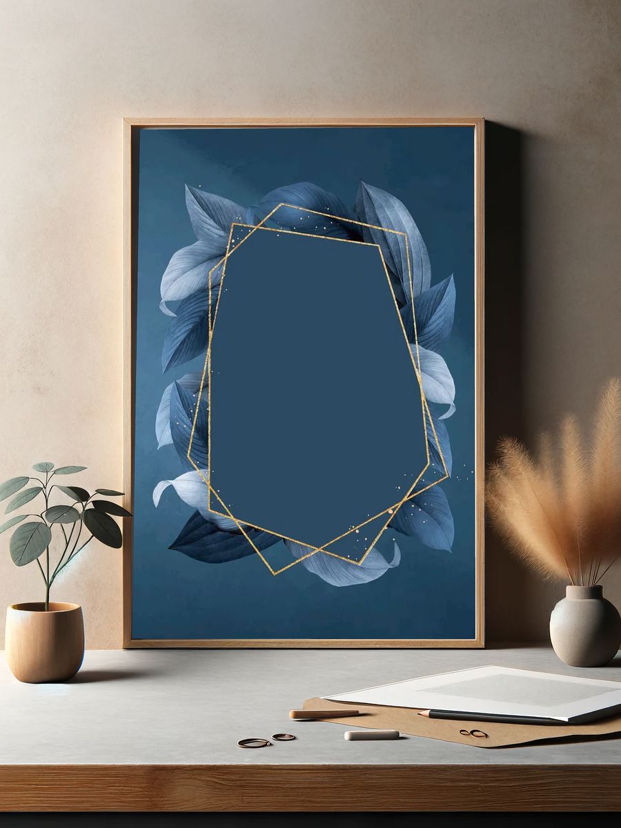 Hexagon foliage frame blue background. — room view 2