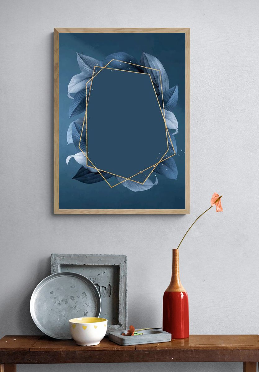 Hexagon foliage frame blue background. — room view 3