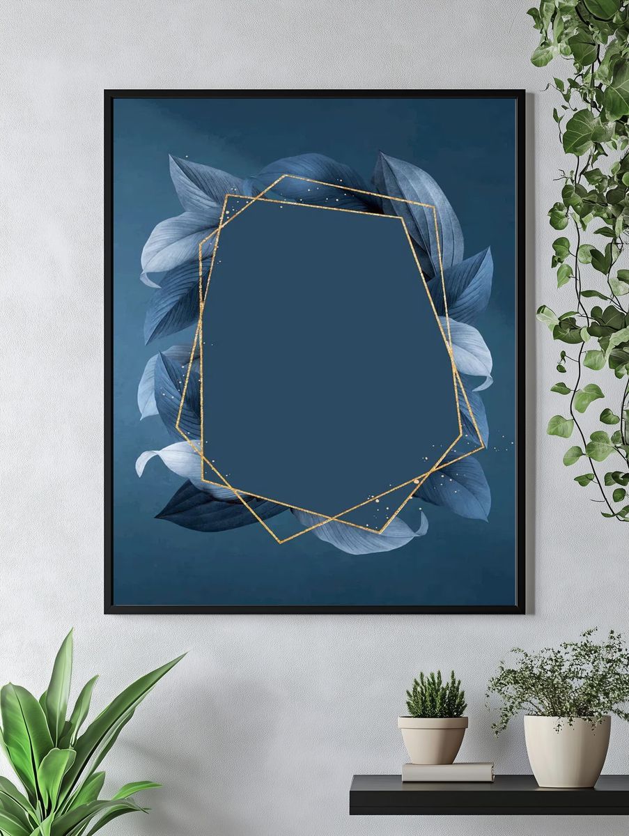 Hexagon foliage frame blue background. — room view 4