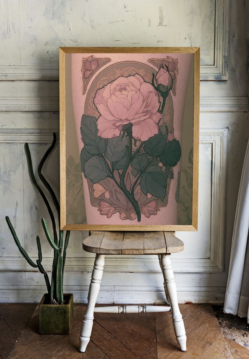Pink Rose Botanical Print. room preview