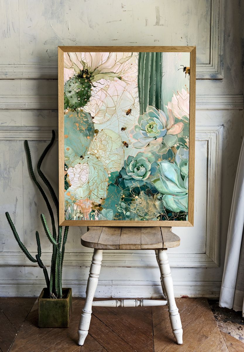 Succulent Garden Bee Illustration Poster. room preview