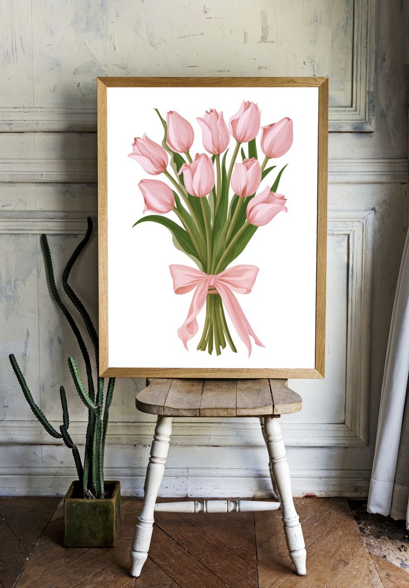Pink Tulip Bouquet Illustration Poster. room preview