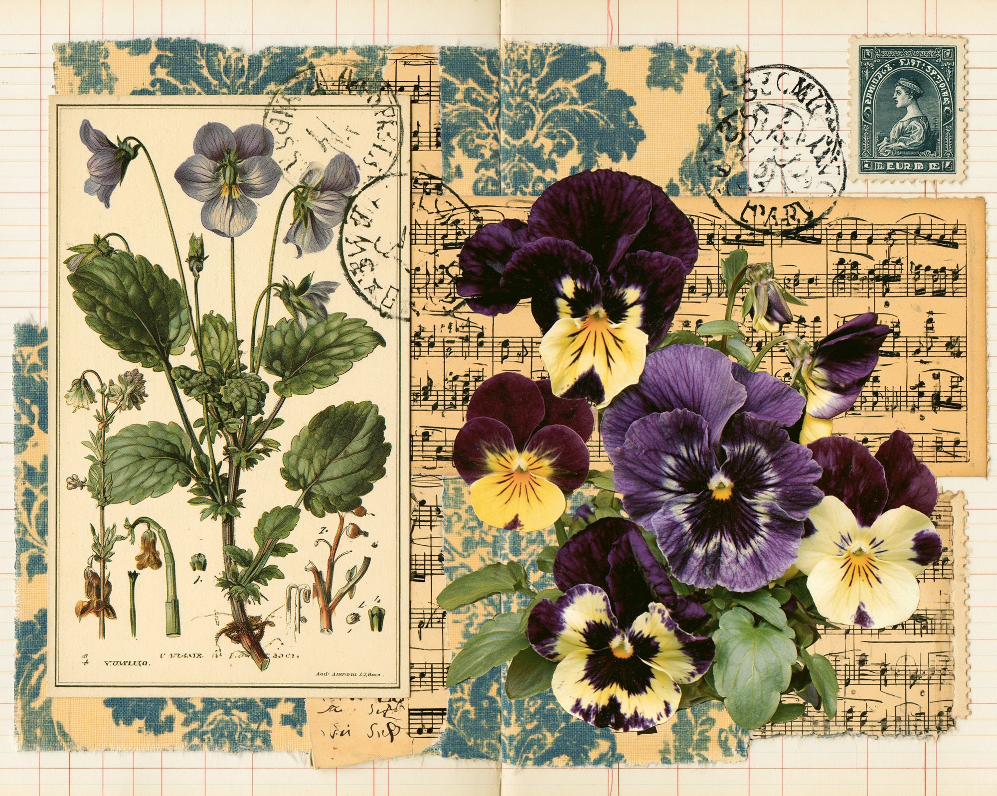 Vintage Pansy Collage Print. poster detail