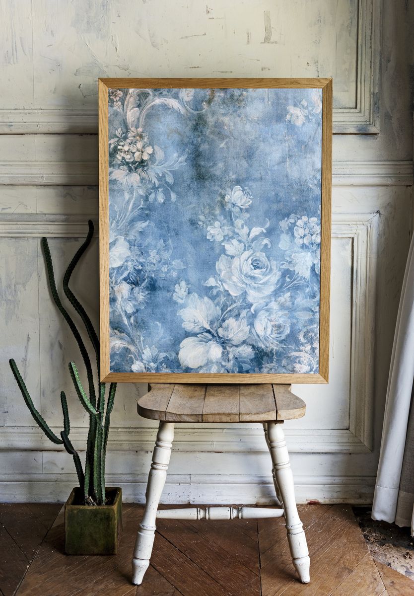 Blue Floral Watercolor Print. room preview