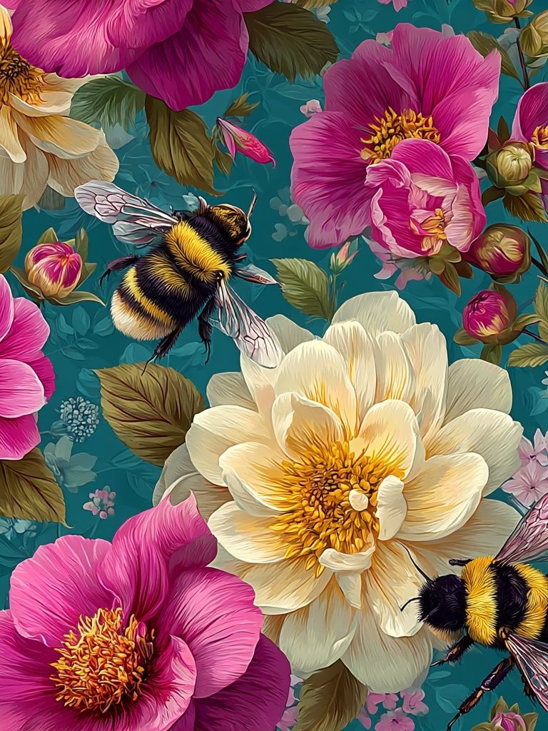 Bee and Peony Botanical Print. poster detail