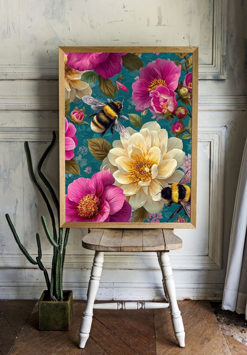 Bee and Peony Botanical Print. room preview