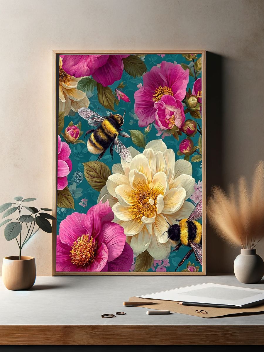 Bee and Peony Botanical Print. — room view 2