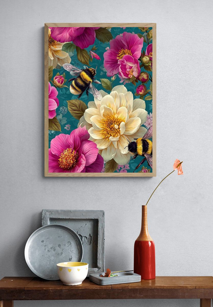 Bee and Peony Botanical Print. — room view 3