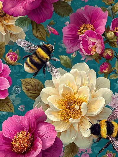 Bee and Peony Botanical Print.