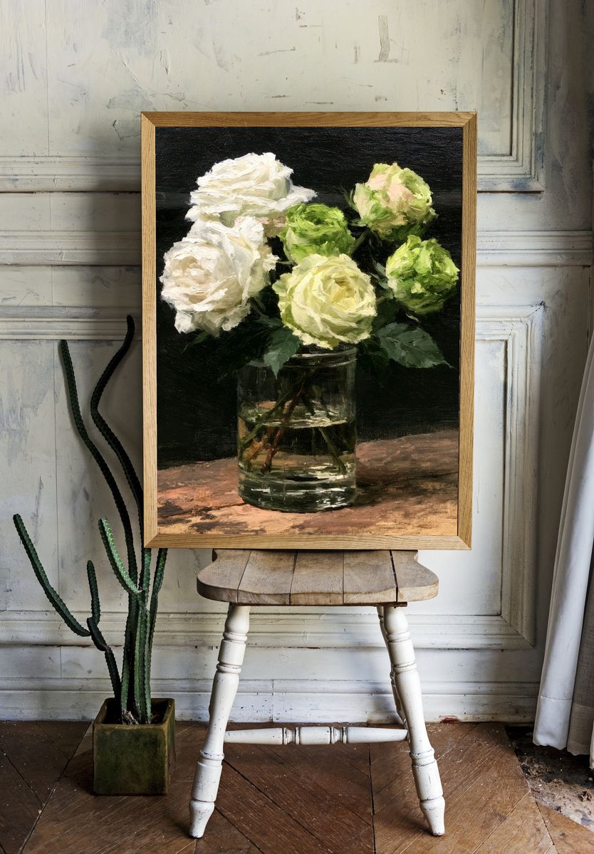 White Roses Still Life Print. room preview