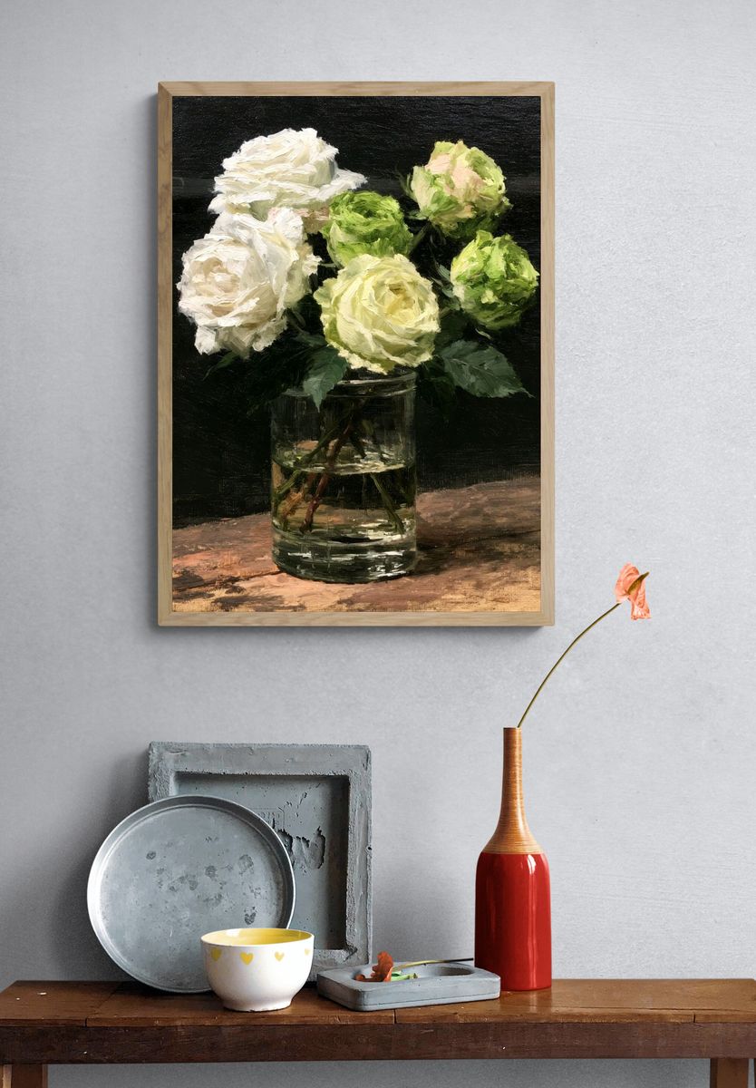 White Roses Still Life Print. — room view 3