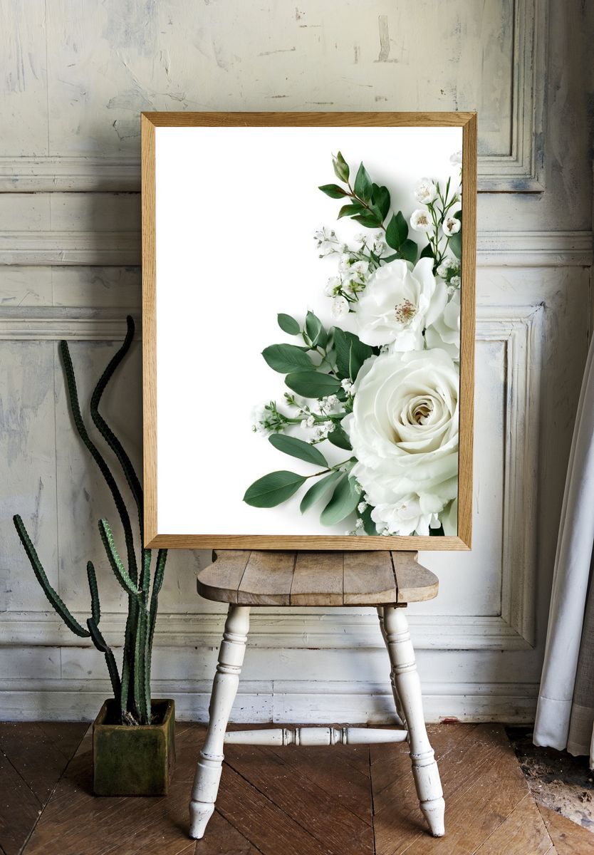 White Roses Botanical Print. room preview