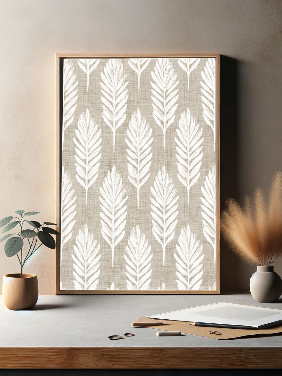 Neutral Leaf Pattern Botanical Print. — room view 2