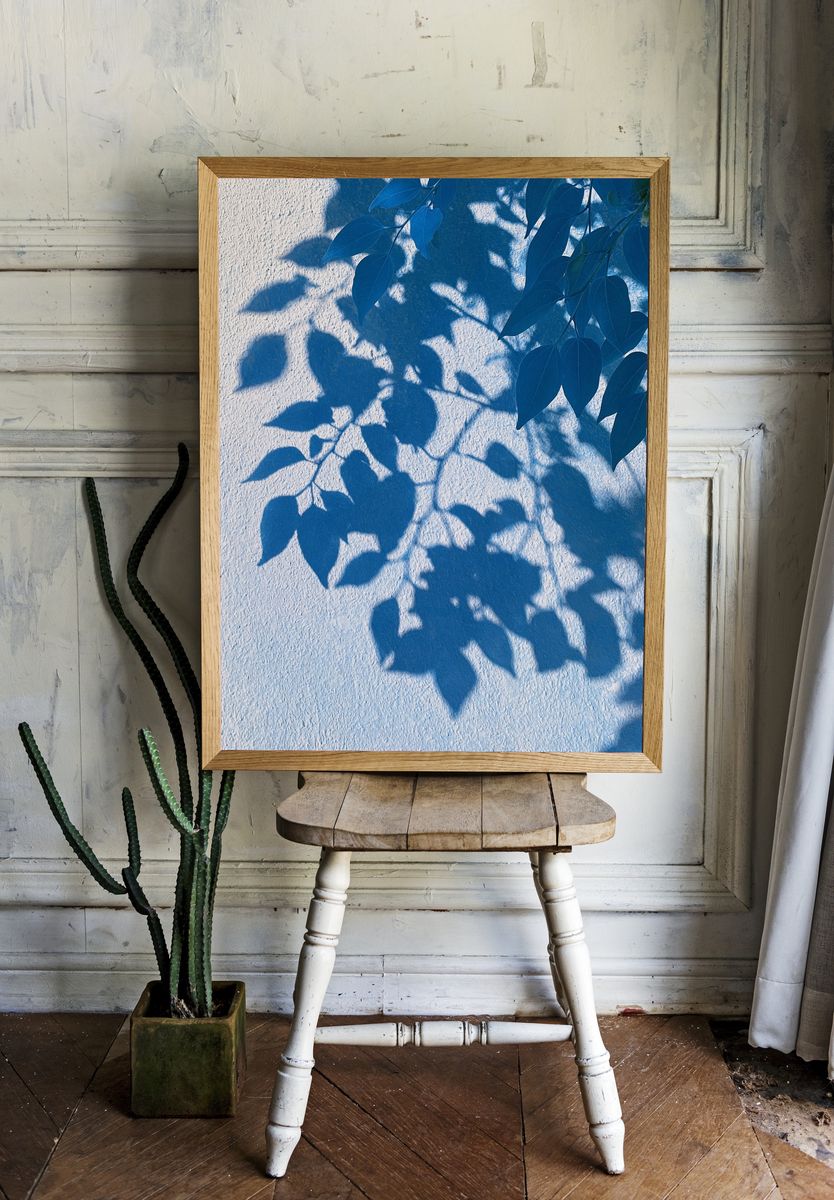 Blue Leaf Shadows Botanical Print. room preview