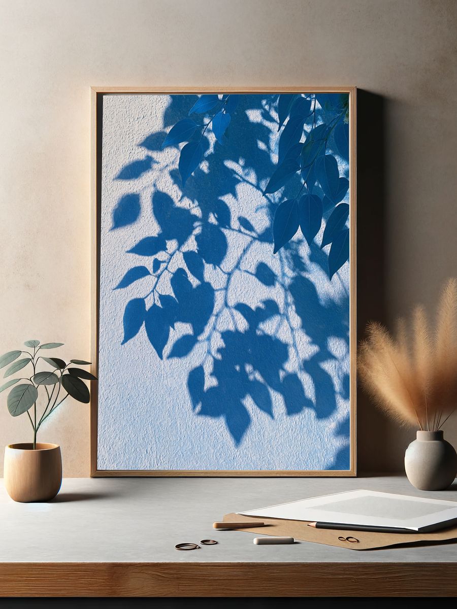 Blue Leaf Shadows Botanical Print. — room view 2